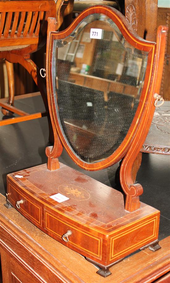 George III style inlaid mahogany toilet mirror with shield shaped plate